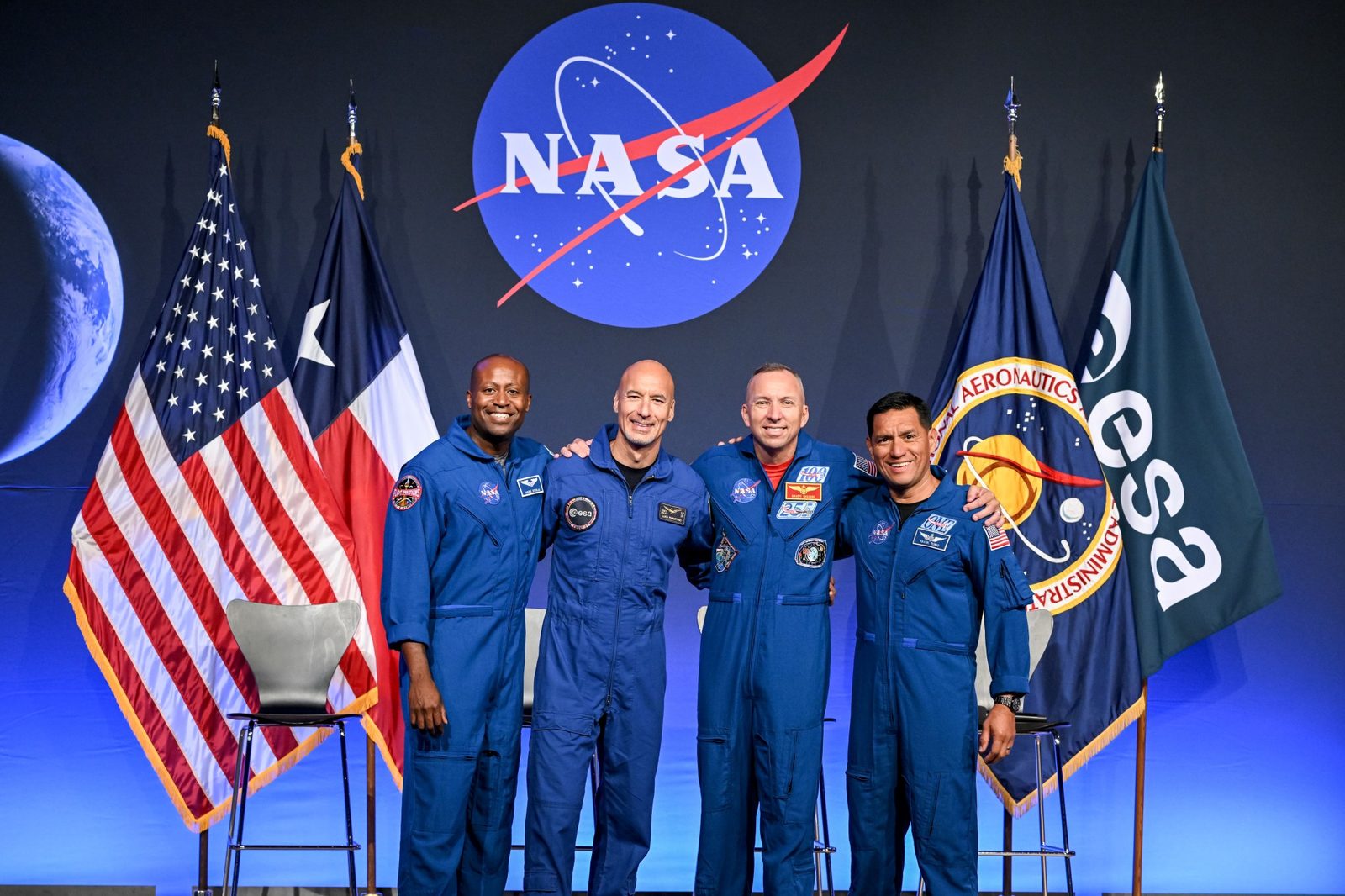 NASA astronaut Andre Douglas, ESA astronaut Luca Parmitano, and NASA astronauts Randy Bresnik and Frank Rubio, named the Artemis III crew on June 9, 2026.