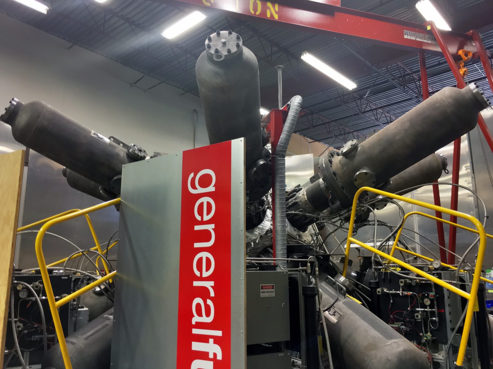 General Fusion's piston-driven magnetized target fusion machine, ringed by pneumatic rams designed to compress a plasma.