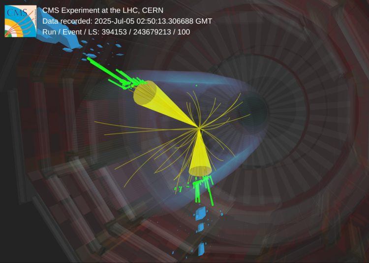A candidate oxygen–oxygen collision event recorded by the CMS detector at the Large Hadron Collider.