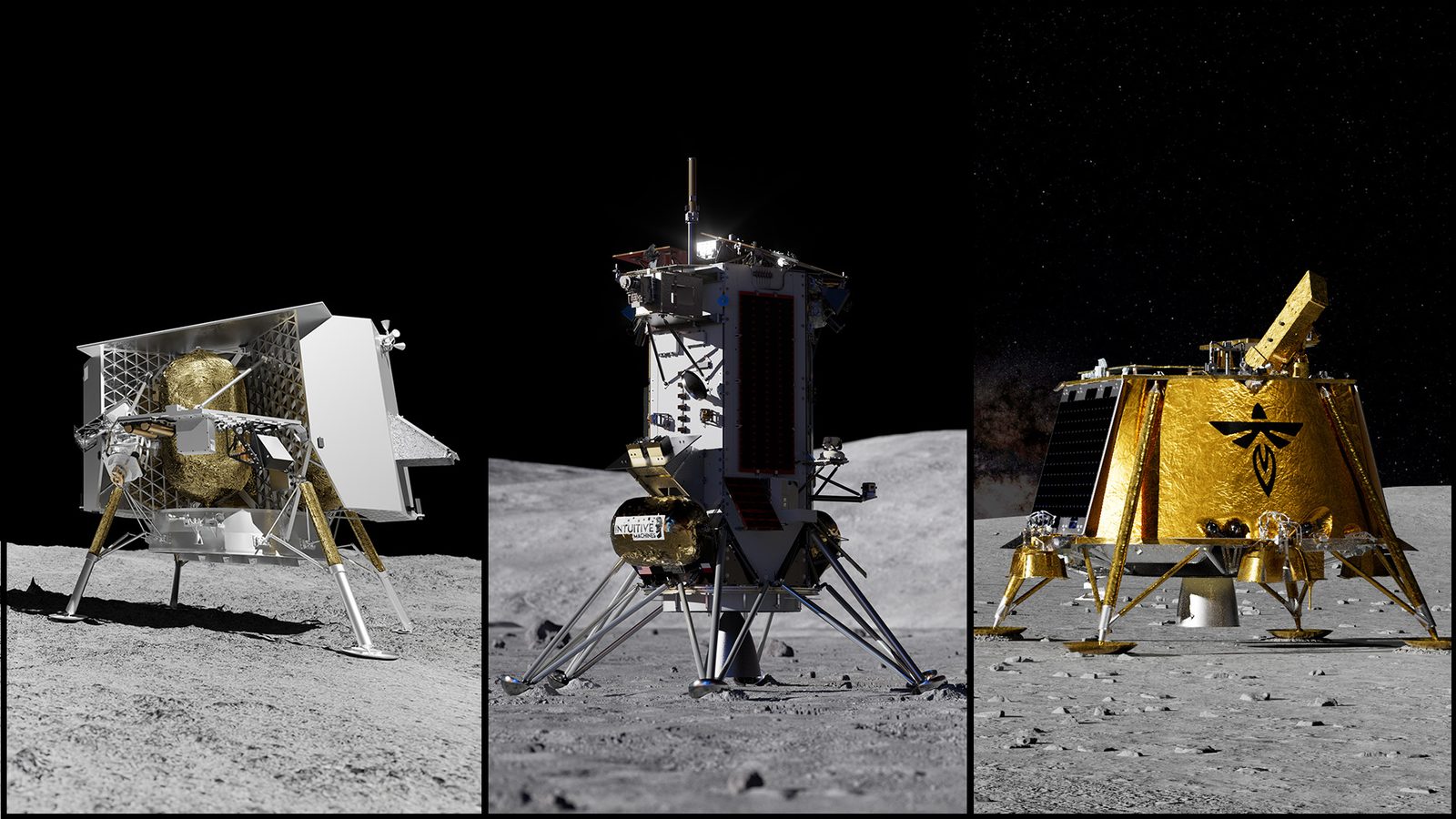 Artist renderings of three commercial lunar landers from Astrobotic, Intuitive Machines, and Firefly on the Moon's surface.
