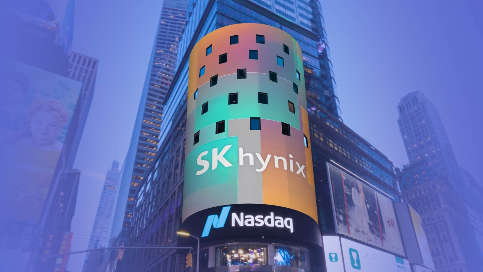 The Nasdaq tower in Times Square marking SK hynix's opening-bell ceremony for its record American depositary receipt listing