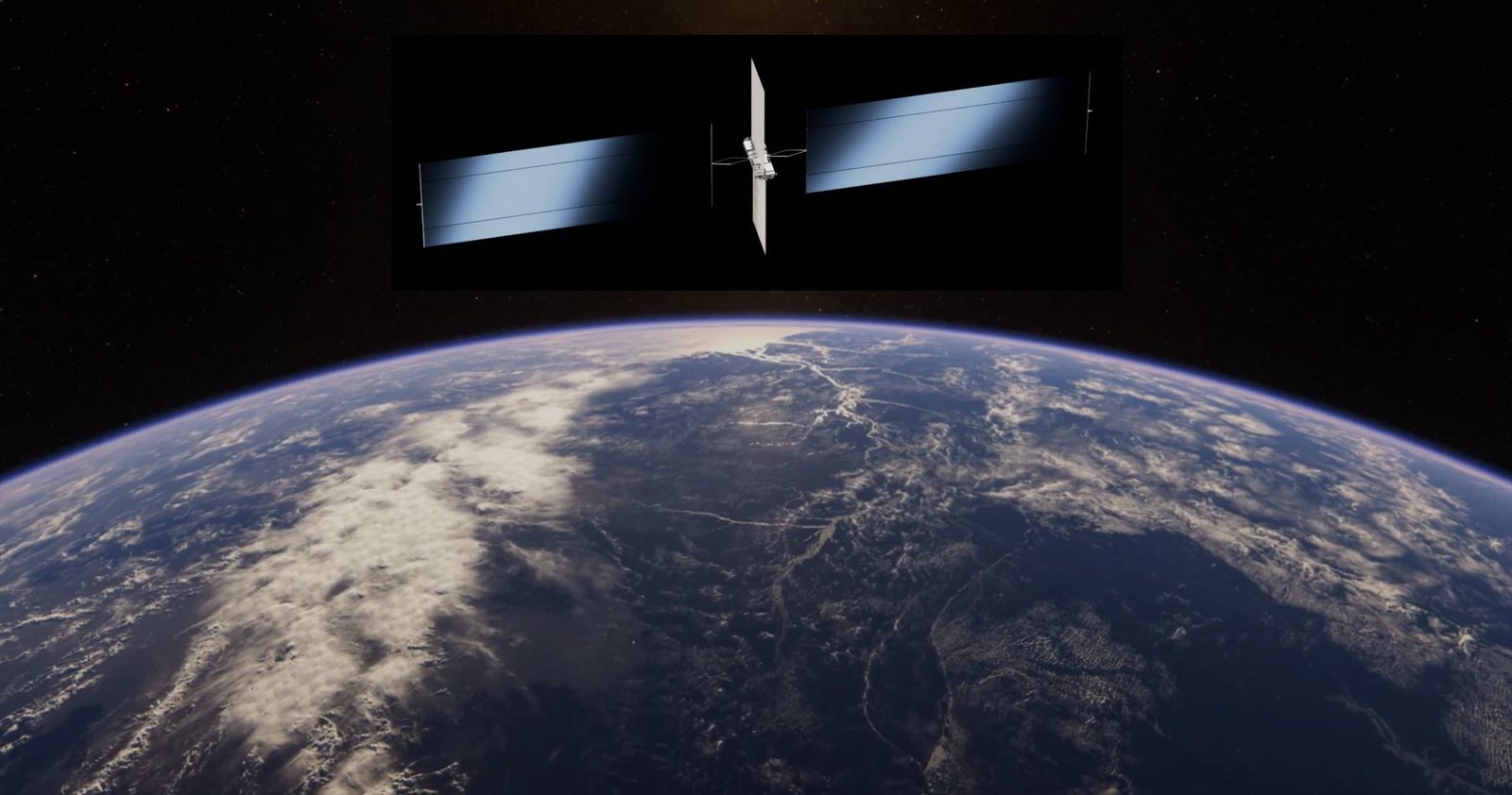 SpaceX's AI1 satellite render, twin solar wings deployed, above Earth.
