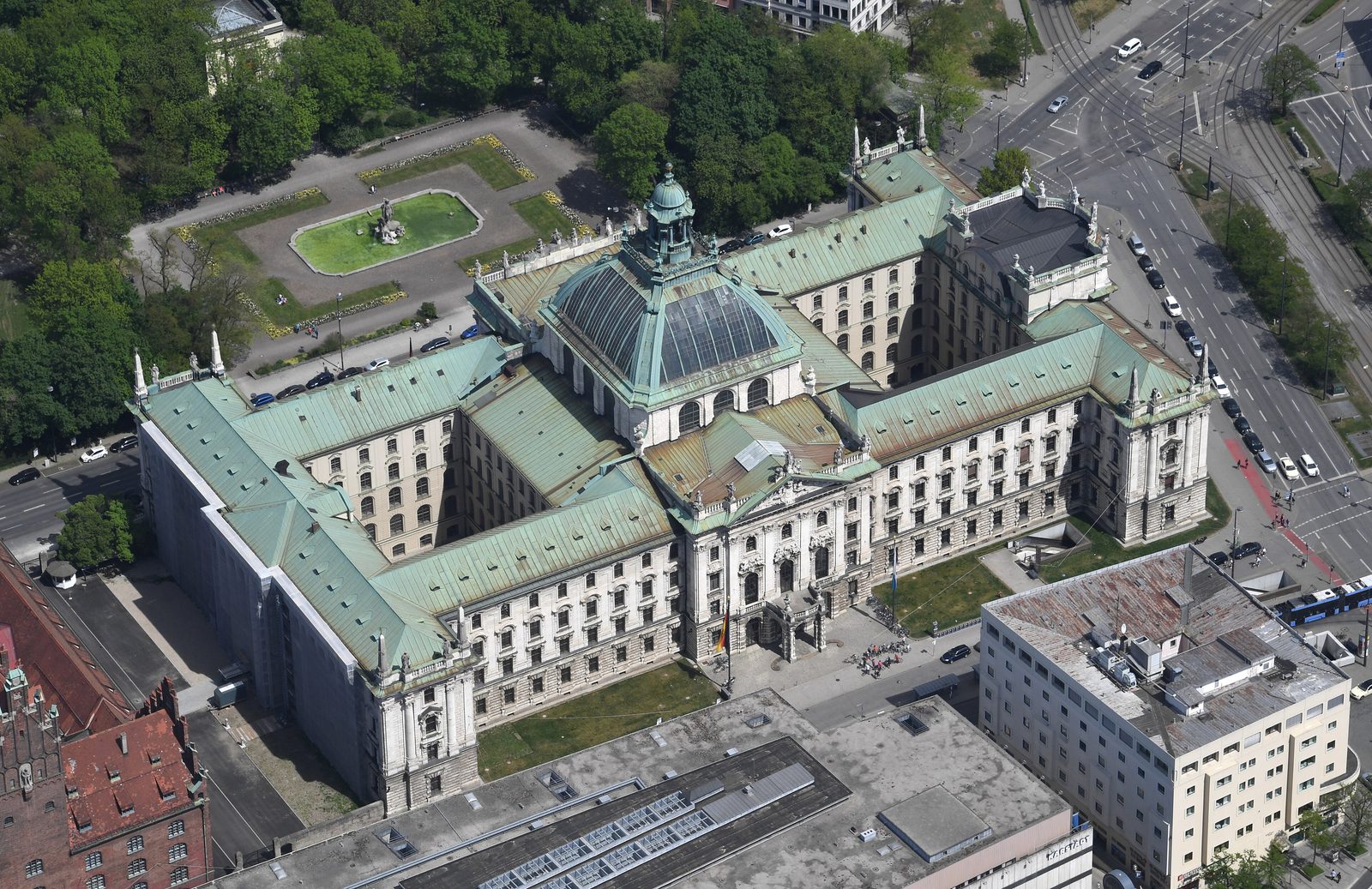 Aerial view of the Justizpalast in Munich, seat of the Bavarian Ministry of Justice and the Munich courts.