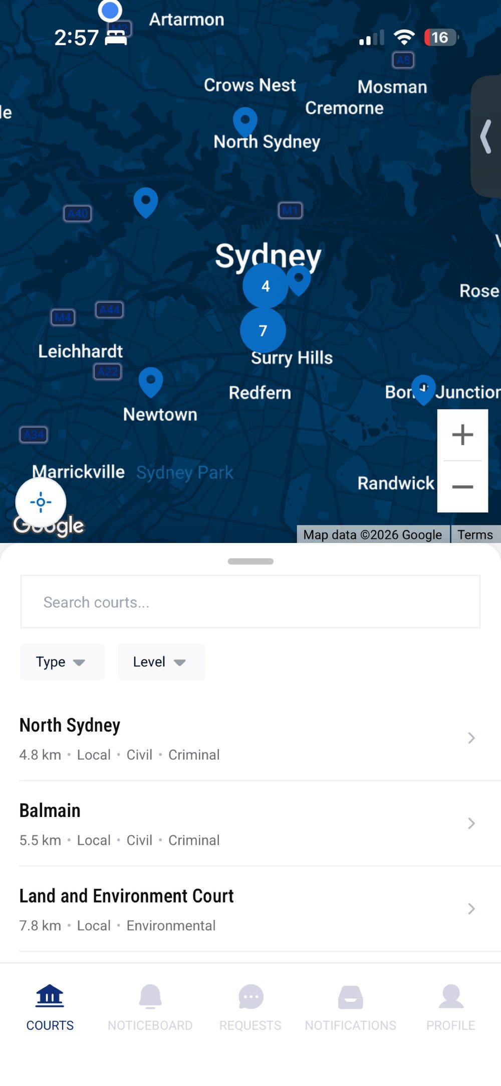 Stumble Legal's courts map — nearby Sydney courts with live counts of who has checked in.